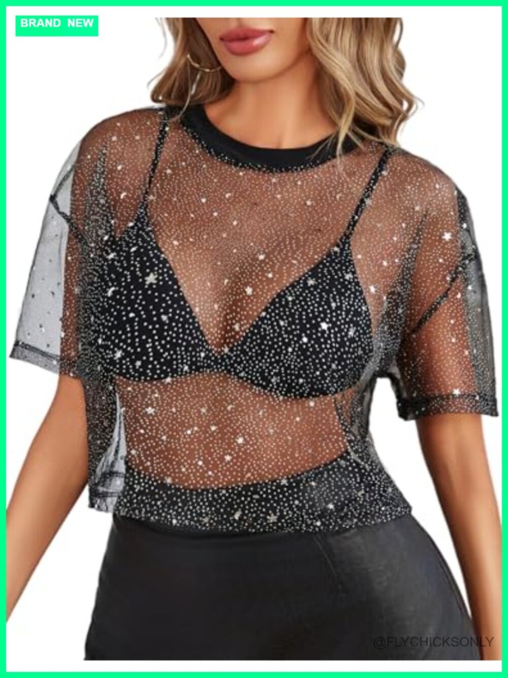 Women's Mesh Crop Top Sheer See Through Short Sleeve Geometric Print